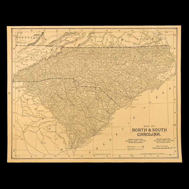 ANTIQUE MAP OF NORTH CAROLINA Map of SOUTH CAROLINA Wall Art 1890 Sepia ...