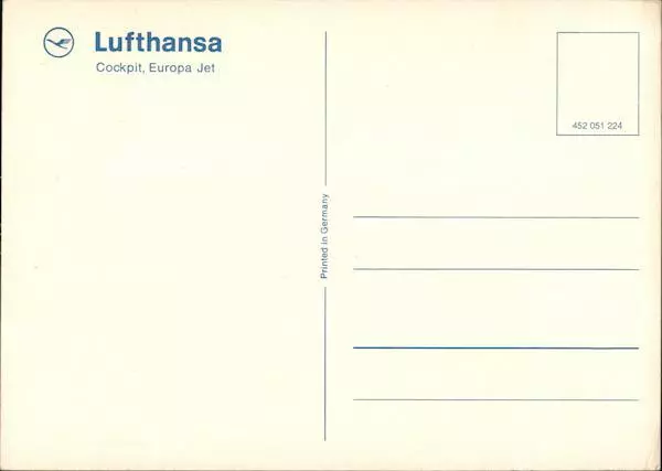 Aircraft Lufthansa,Cockpit,Europa Jet Lufthansa Postcard Vintage Post Card 2