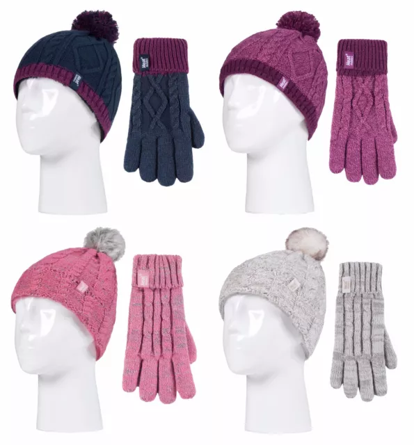 Heat Holders - Childrens Girls Knit Winter Thermal Ski Bobble Hat and Gloves Set