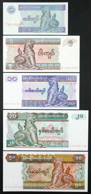 MYANMAR - Set of 5 Banknotes Notes  - 1-50 Kyats 1994-96 (P 69 70 71 72 73) UNC