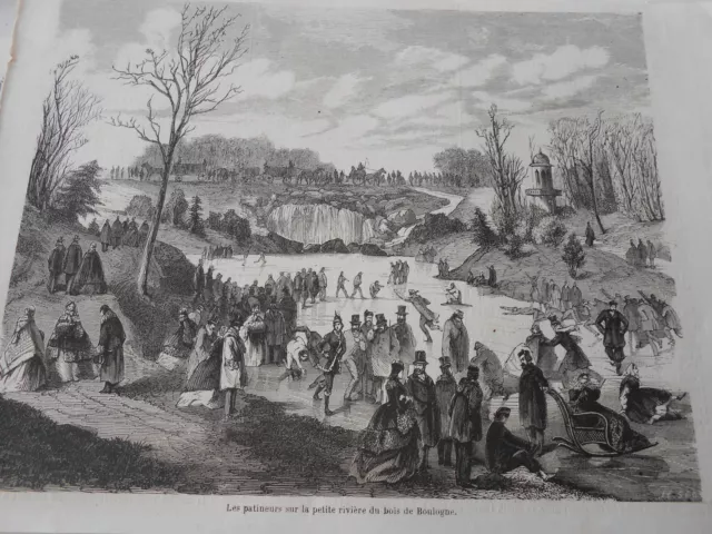 Gravure 1861 - Les Patineurs sur la petite rivière du bois de Boulogne