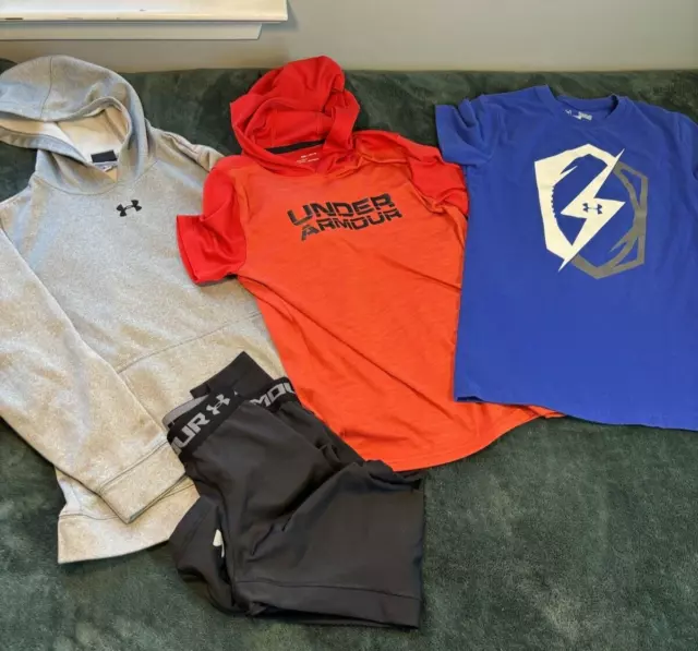 4 Under Armour Boys Clothes Lot Medium 10-12 3 Tops 1 Compression Pants Flaw