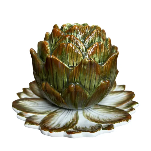 VTG Italian Majolica Artichoke Sauce Serving Bowl Dish with Attached Drip Plate