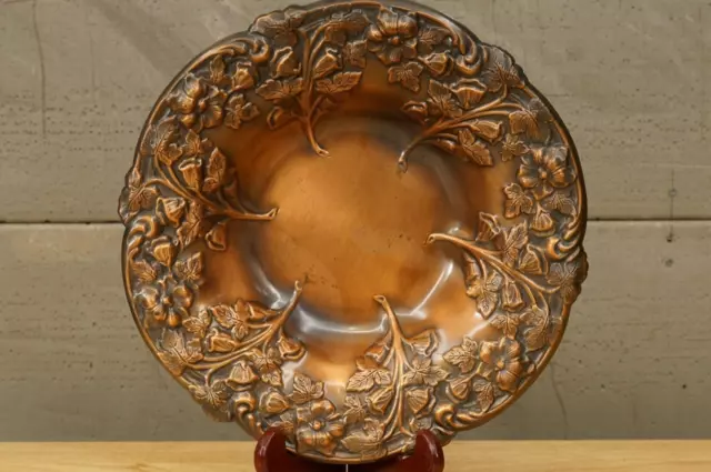 Vintage Metal Coppercraft Guild Solid Copper Repousse Floral Console Bowl 11"