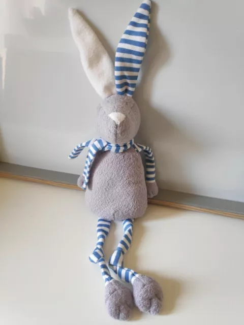 Peluche doudou lapin gris écharpe rayé bleu blanc nez blanc Bout'chou + cadeau