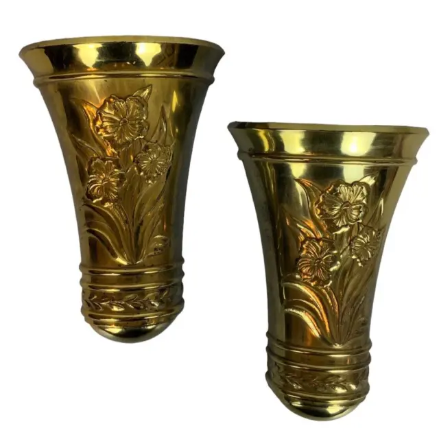 Homco Home Interiors Wall Pockets Goldtone Plastic Floral Embossed Vases 1985