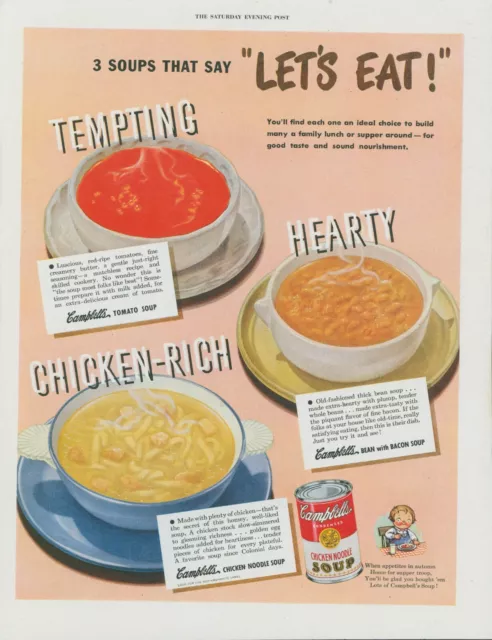 1948 Campbells Soup Tomato Chicken Noodle Bean With Bacon Bowl Vtg Print Ad SP20