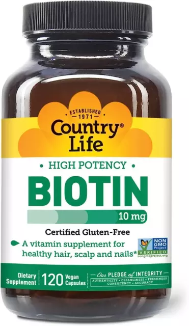 Country Life Biotin 10mg 120 Vegan Capsules, Vitamin B, Healthy Hair & Nails