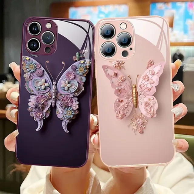 Case For iPhone 15 Pro Max 14 13 12 Glossy 3D Butterfly ShockProof Glass Cover