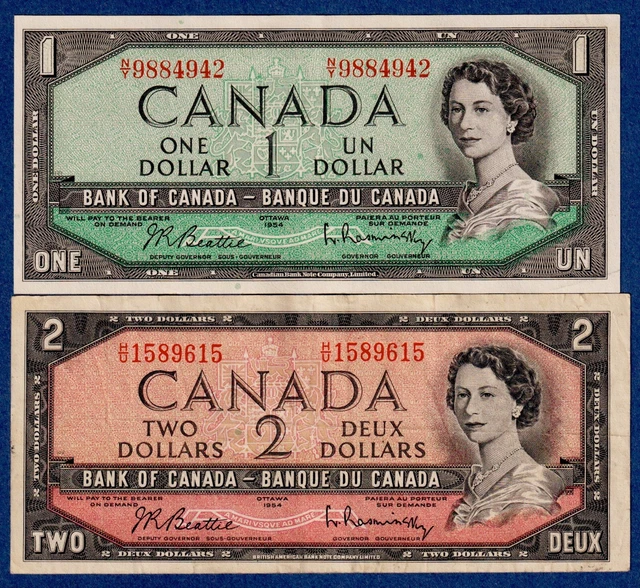 Canada 1954 Combo#2  $1 & $2 - 2 Circulated Notes - QE Portrait