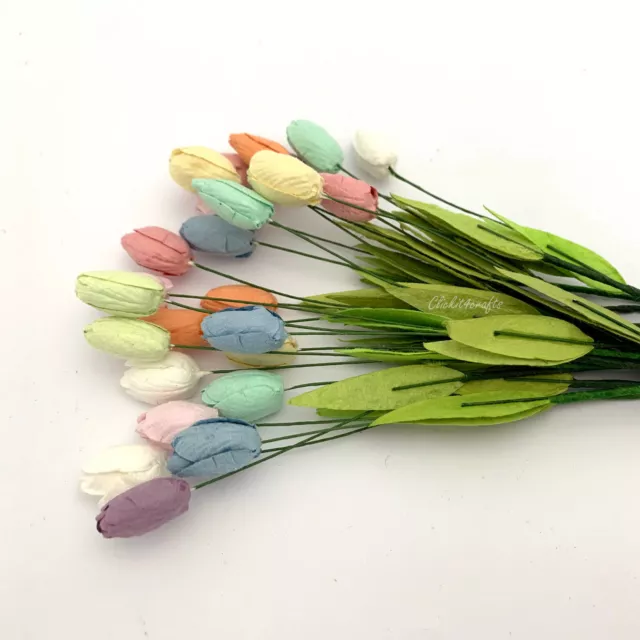 Small Pastel Mixed Tulips Paper Flower Scrapbook Cards Toppers Doll Craft