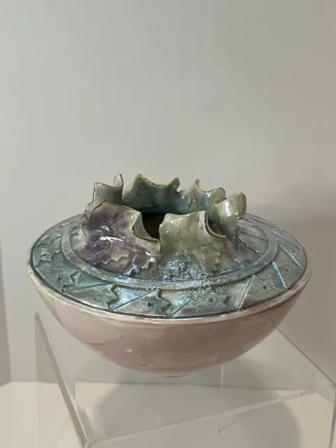 Vintage Porcelain Ceramic Vase Handmade Pink Blue Gold Glazed Textured Opening