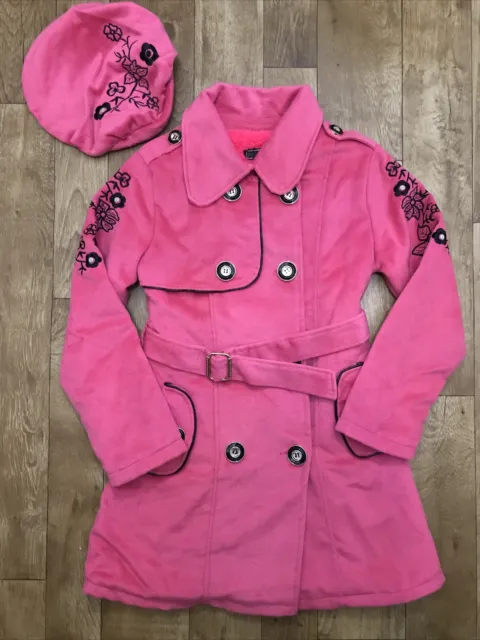 Girls Pink Double Breasted Belted Fleece Lined Coat & Beret 11-12 Years? A42