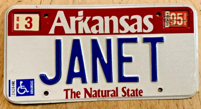 Arkansas Vanity License Plate " Janet " Natural State
