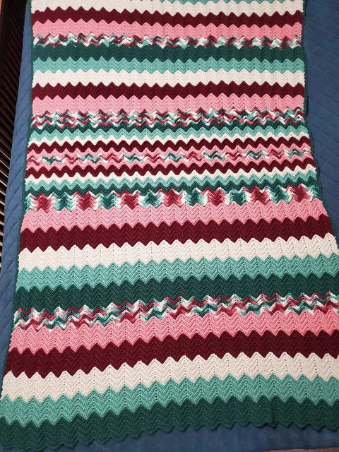 Vintage Hand Crocheted Multicolor Afghan Blanket Chevron Zigzag Granny 42x68