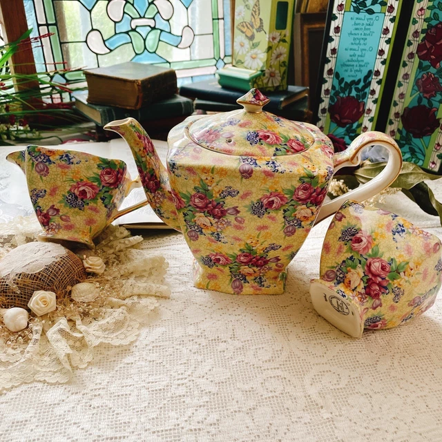 Royal Winton England Grimwades Chintz Square Teapot & Creamer/Sugar Mint