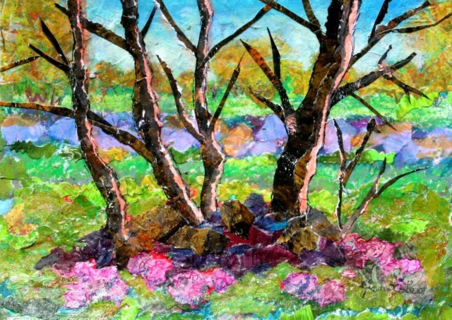 JANET LEO  sfa   ORIGINAL MIXED MEDIA  collage SPRING ALIVE!  landscape