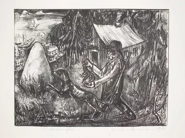 Hermann Naumann, Jäger mit Hund und Hase, Lithografie, 1977, handsign. (1686)