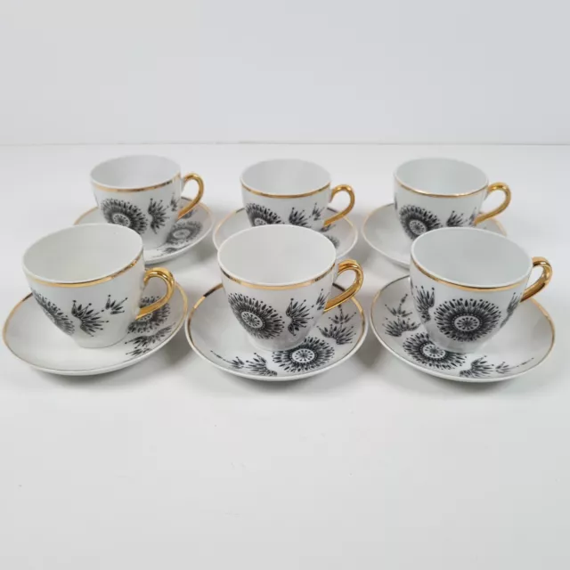 Demitasse Coffee Cups and Saucers Made in GDR Vintage Set of 6 Black & Gold