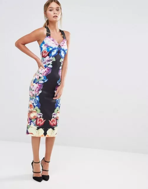 Ted Baker Estilo Tapiz Floral Tira y Hebilla Vestido Midi Talla 2 UK10 EUR36 US6