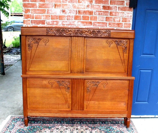 French Antique Carved Oak Art Deco Full Size Bed w. Rails