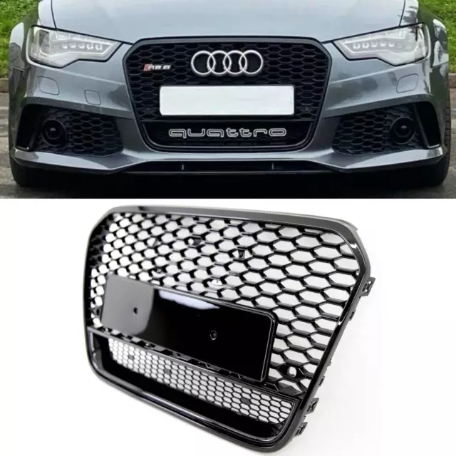 Audi A6 S6 C7 11-15 Front Bumper Grille Honeycomb GlossBlack RS6 Style Badgeless