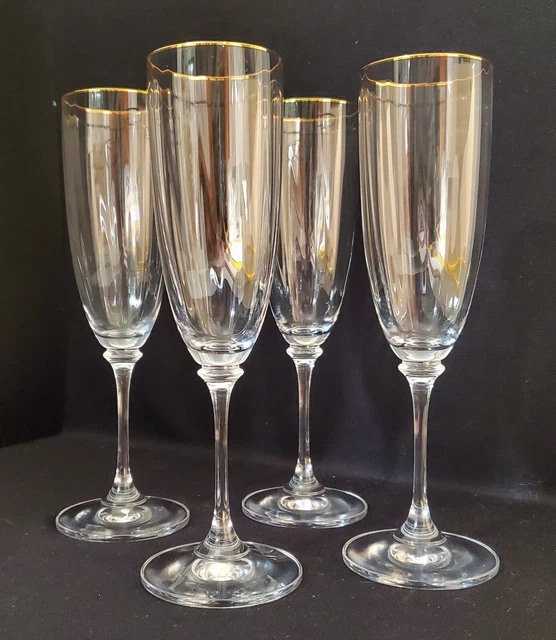 4 Mikasa Stephanie Gold Champagne Flute Glass Optic 8.5" Tall Elegant Crystal