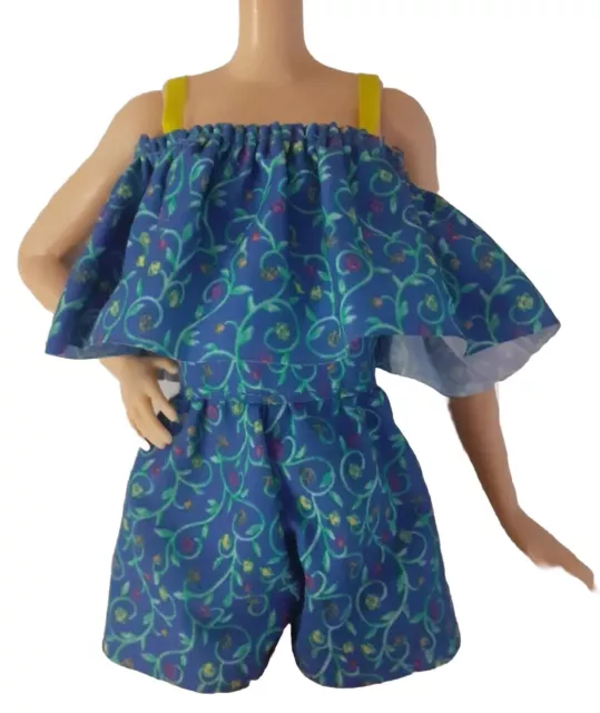 Barbie Doll Clothes. Blue Floral Strappy Shorts Suit with Frill Detail. Fab!