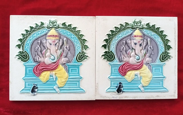 2 Pieces Old Art Deco God Ganesh Ji Design Majolica Ceramic Tiles Japan 0403