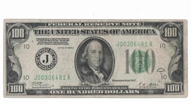 1928 A US $100 Dollar Gold Redeemable JA Block Woods Mellon Note HG00306481