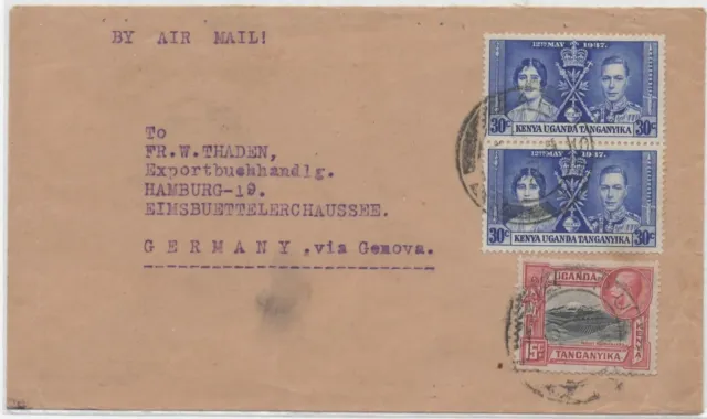KUT - Tanganyika 1937 airmail to Germany Coronation KGVI + KGV Arusha via Tanga.
