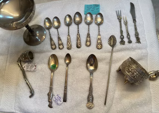 Mixed Vintage Lot of 15 Silver Plate Flatware Candle Snuffer Chinese