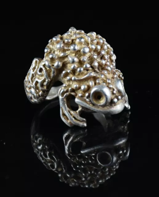 3CM Rare Chinese Miao Silver Feng Shui Toad Head Jewelry Fingerstall Ring
