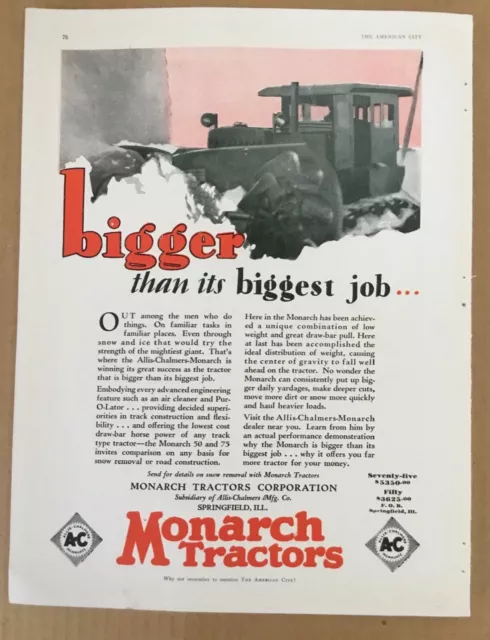 Monarch snowplow tractor 1928 orig vintage print ad 1920s art retro illus auto