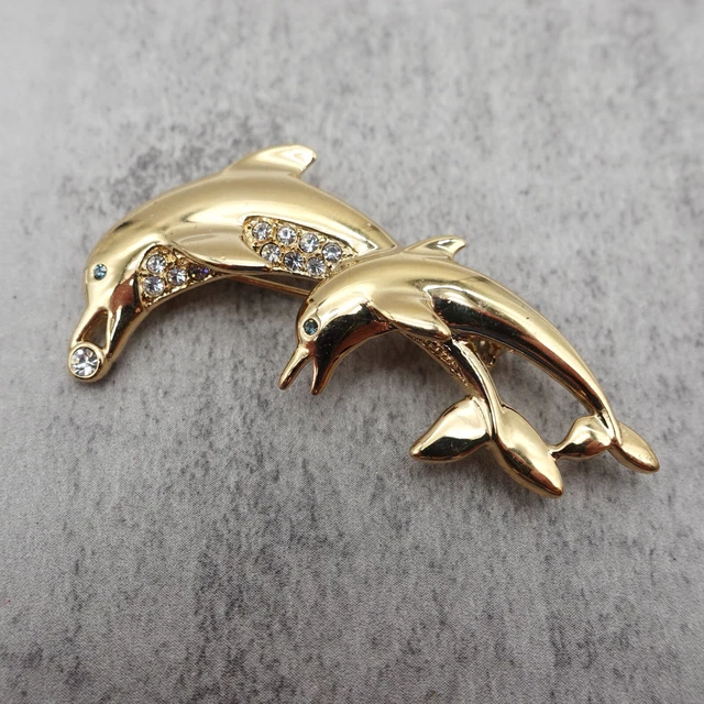 Womens Brooch Pin Dolphin Pair Gold Tone Crystals 2 inch Costume Fashion Jewelry