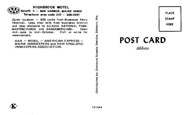 Postcard - Highbrook Motel, Bar Harbor, Maine Multiview, Old Cars   1536 2