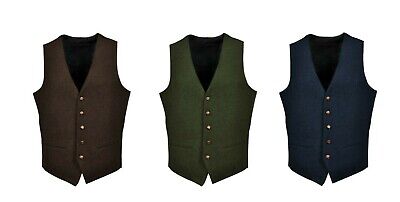 Mens Wool Tweed Slim Fitted Vest Brown Blue Green T2-Regular Fit Waistcoat