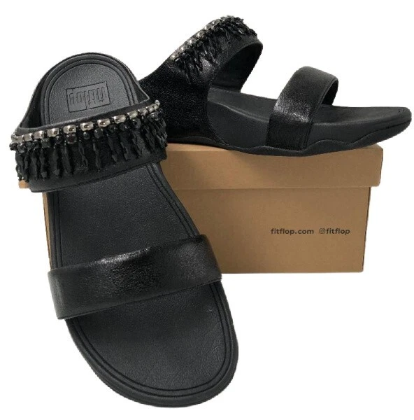 FitFlop Vina Adorn Wedge Slide Sandals - Black - Size 10 (EU 42)