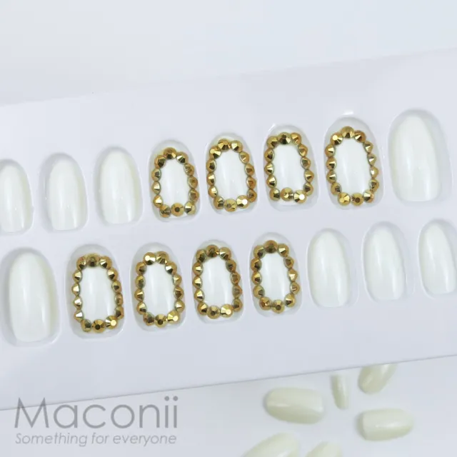 Press On Nails Oval Bling Bling - White Creme Gold Chrome Crystals Nail Tips Set