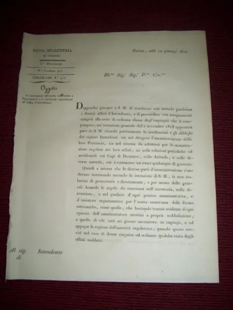 Regno di Sardegna Torino Circolare Regolamenti Istruzioni Uffici Intendenza 1824