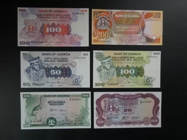 6No. 1966-90's UGANDA BANKNOTE COLLECTION (AFRICA) 20/50/100/200 SHILLINGS UNC