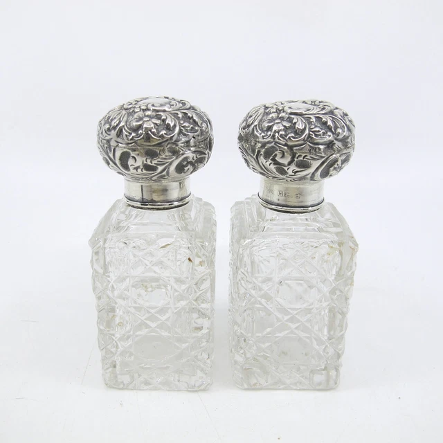 c1900 MILLER BROS English Sterling & Crystal Pair Perfume Scent Bottles Repousse