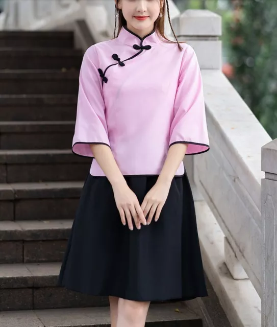 Donna Vestito Top Set Abiti per la Danza Rana Bottoni Palco Cinese Tunica Rétro