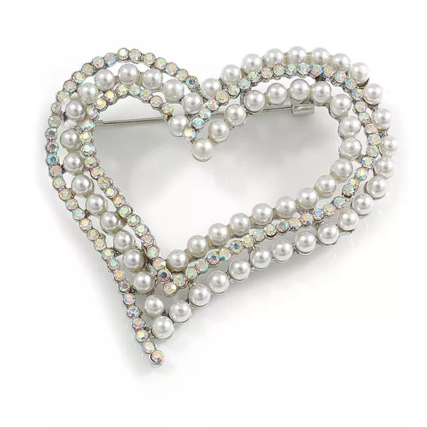 AB Crystal White Faux Pearl Assymetrical Open Large Heart Brooch In Silver Tone