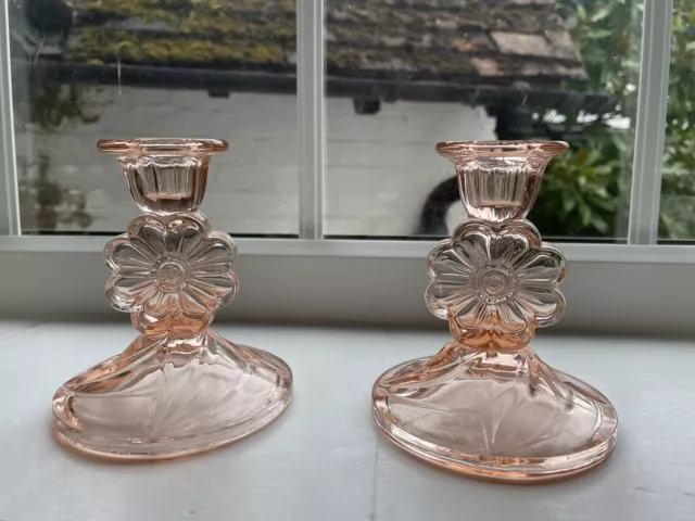 Pair Sowerby Pink Art Deco Glass Candle Sticks 4.5 X 4 Inches
