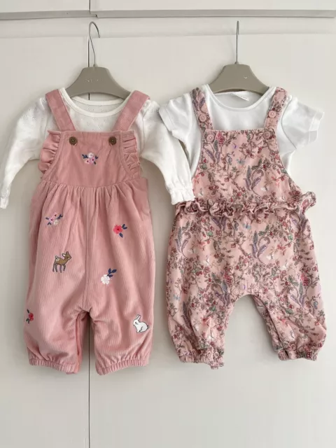 Baby Girls NEXT Up To 1 Month Pink Dungarees Outfit Bundle Floral Flowers Nutmeg