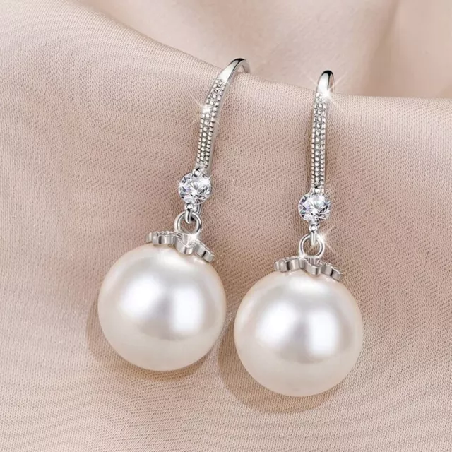 925 Sterling Silver Crystal Pearl Drop Hook Earrings Women Girls Jewellery Gift