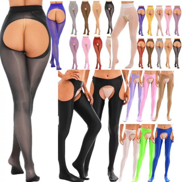 Women Lingerie Crotchless Pantyhose Transparent Stockings Glossy Stretchy Tights