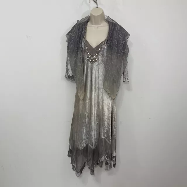 Komarov Beaded V Neck Charmeuse Dress with Chiffon Jacket  Small Ombré Cocktail