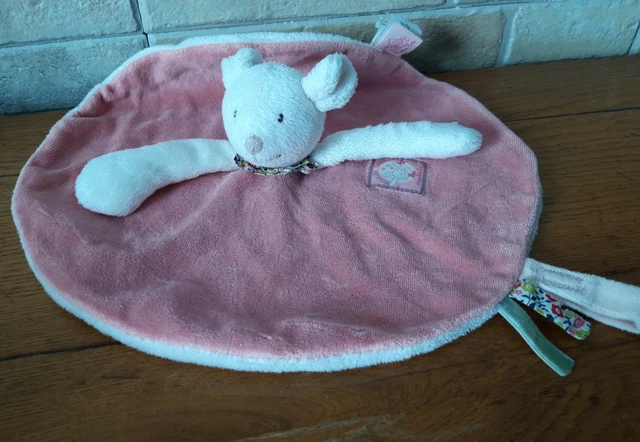 Dpb/Doudou plat Souris rond rose blanc Myrtille et Capucine MOULIN ROTY tbe